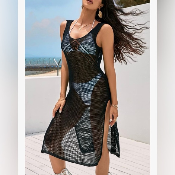 Women's Cupshe Black Crocheted Knit Sheer Backless Side Slit Swim CoverUp Dress - Picture 2 of 7